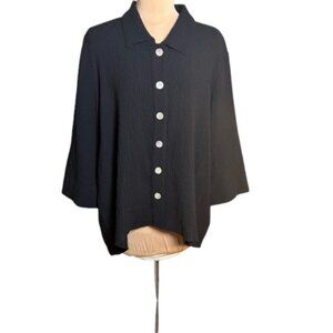 Orvis Black Crinkle 3/4 Sleeve Mother Pearl Button Front Blouse Lagenlook sz. XL
